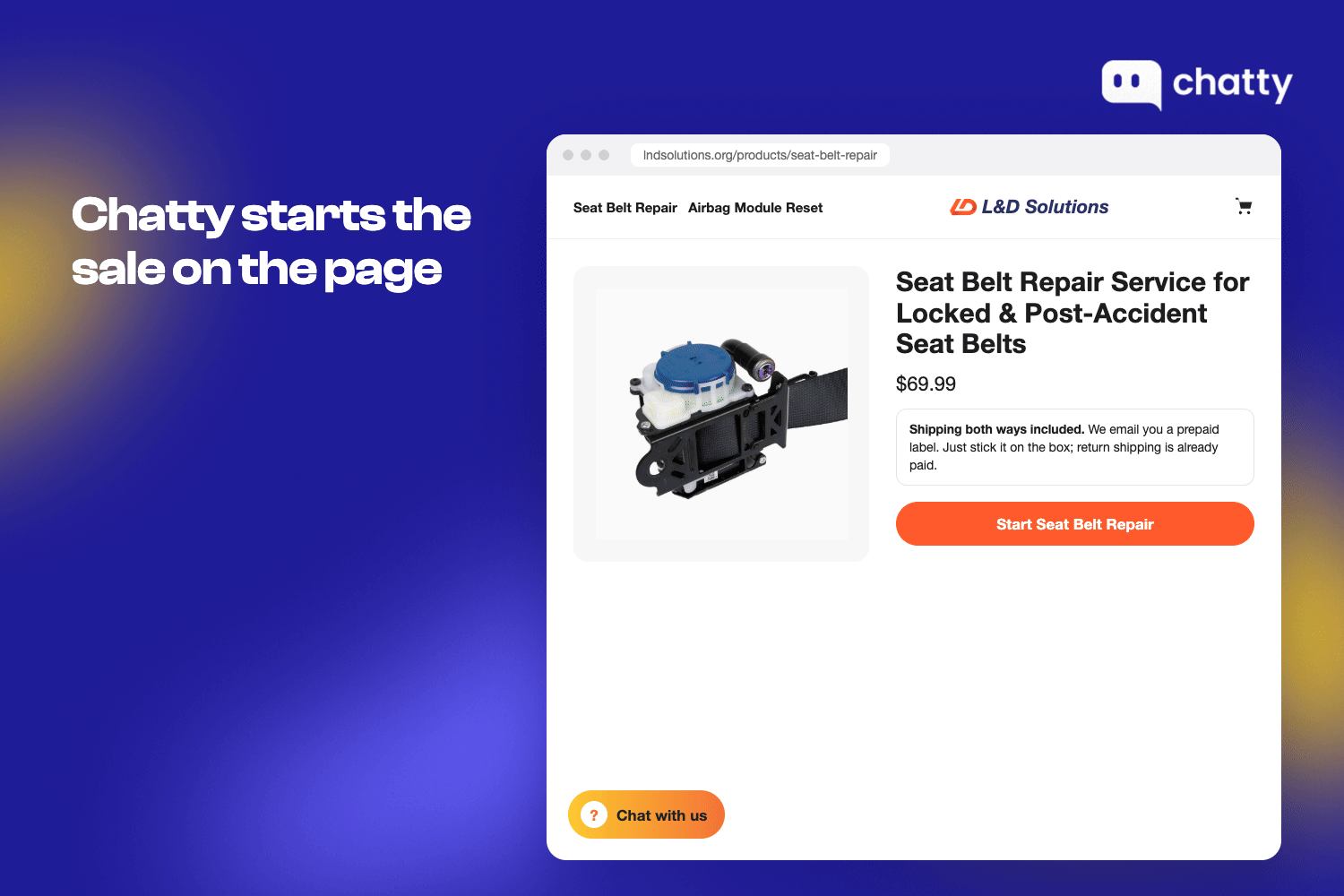 Animation on the L&D Solutions seat belt repair page: Chatty shows a best seller card for Custom Color Seat Belts at $89.99, the shopper taps Ask about it, the chat opens with the product and it is added to the cart