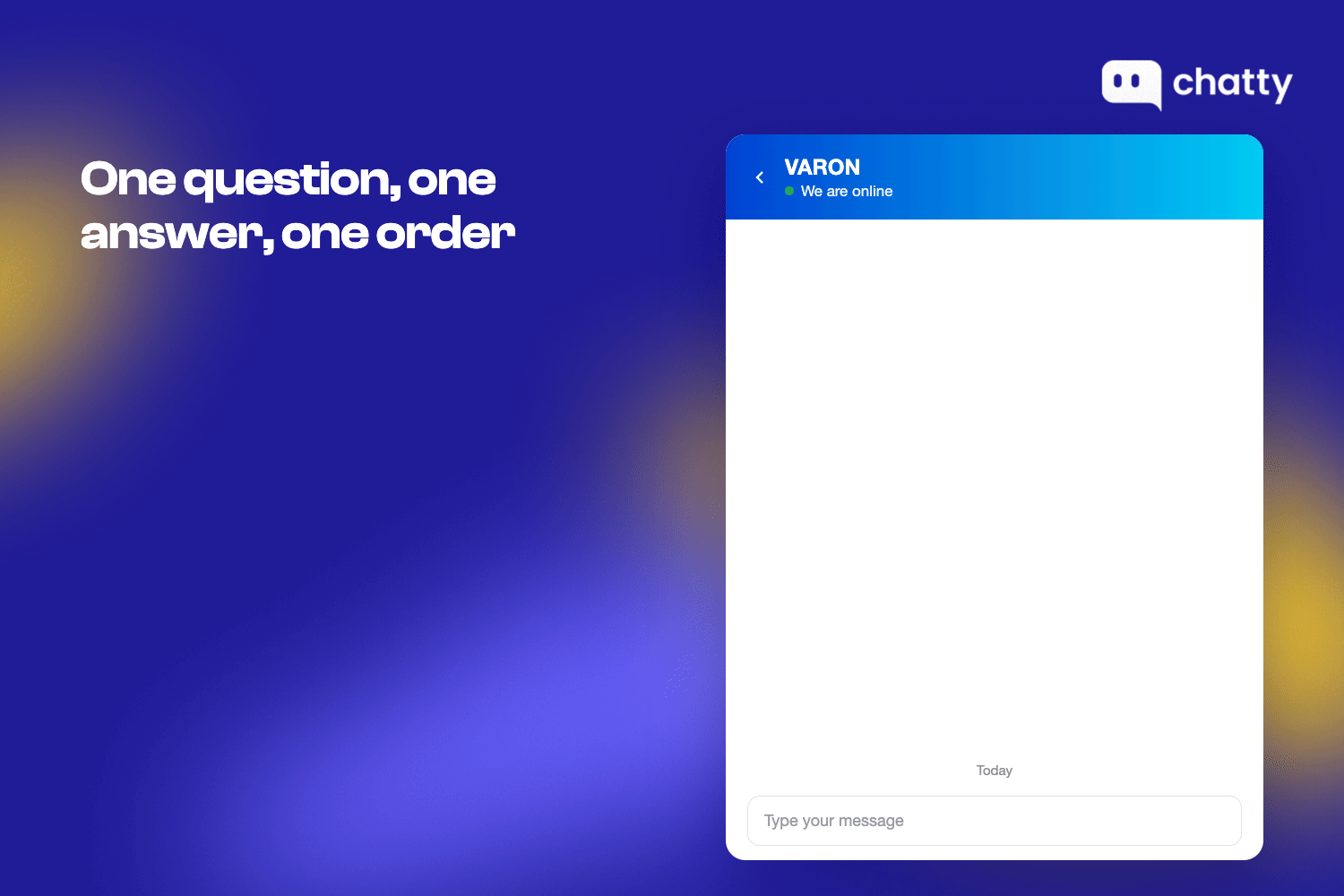 Animation of a real VARON chat: a shopper asks if the VP-8 Lite can run overnight on AC power, Chatty says yes with the AC adapter in the box, shows the VP-8 Lite card and the $1,099 price, and the order is placed 6 minutes later