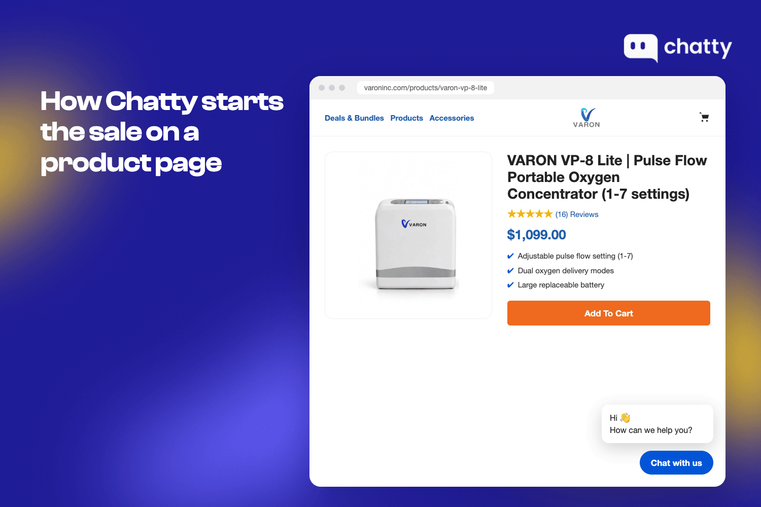 Animation on the VARON VP-8 Lite product page: a welcome bubble asks How can we help you, the shopper opens the chat, the VARON AI agent shows the VP-8 Lite at $1,099, and one tap on the cart button adds it to the cart