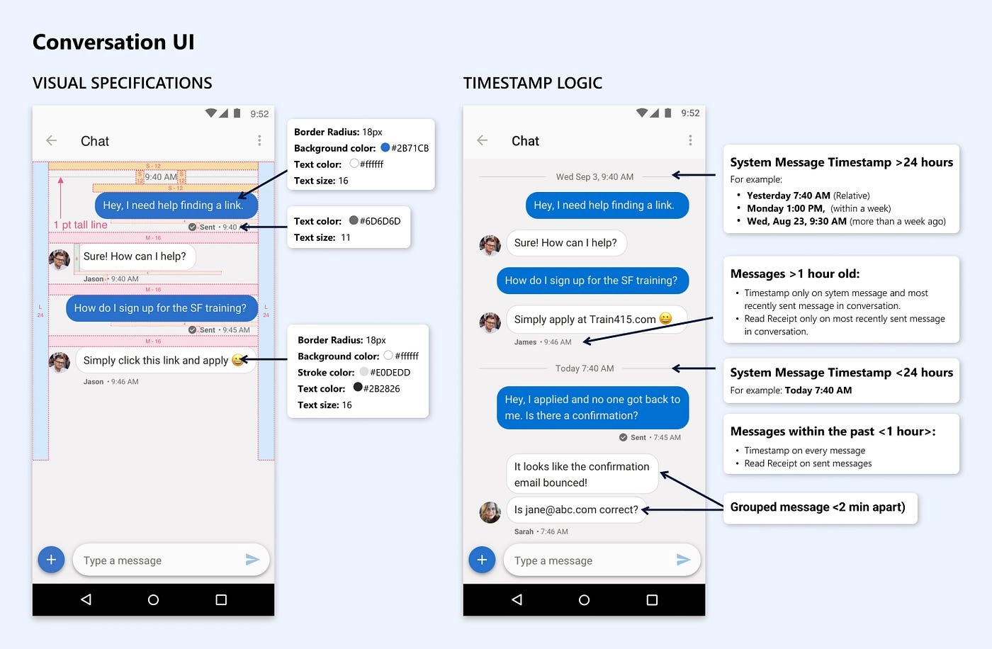 conversation ui specs and timestamp logic guidelines