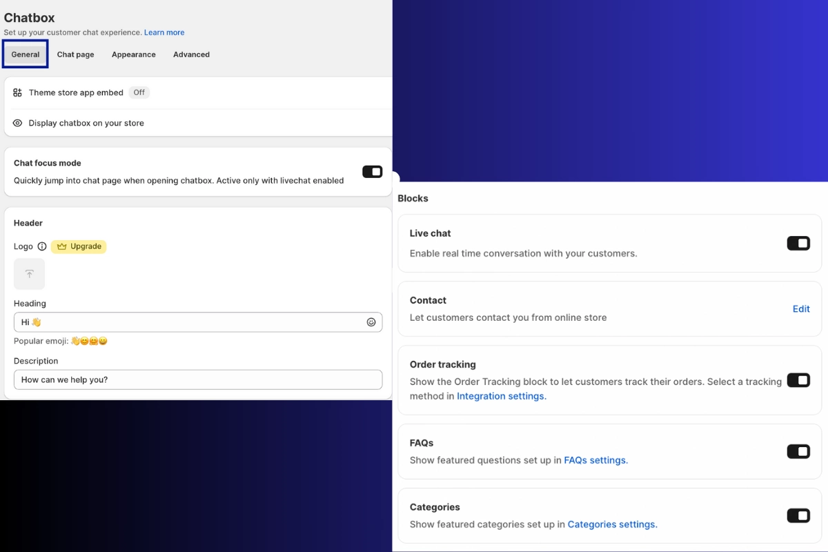 general chatbox settings with blocks