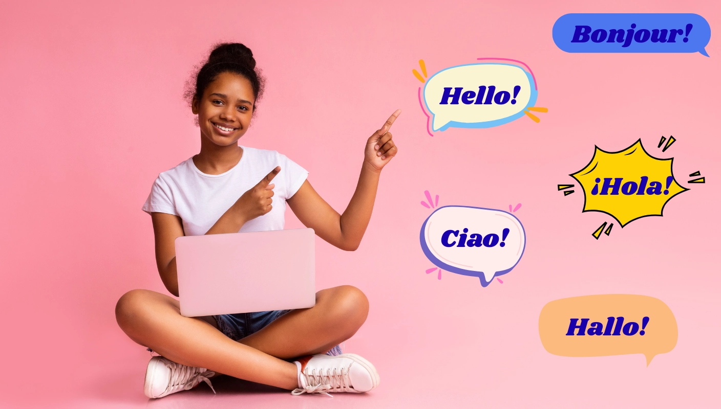 girl with laptop multilingual greetings bonjour hola ciao