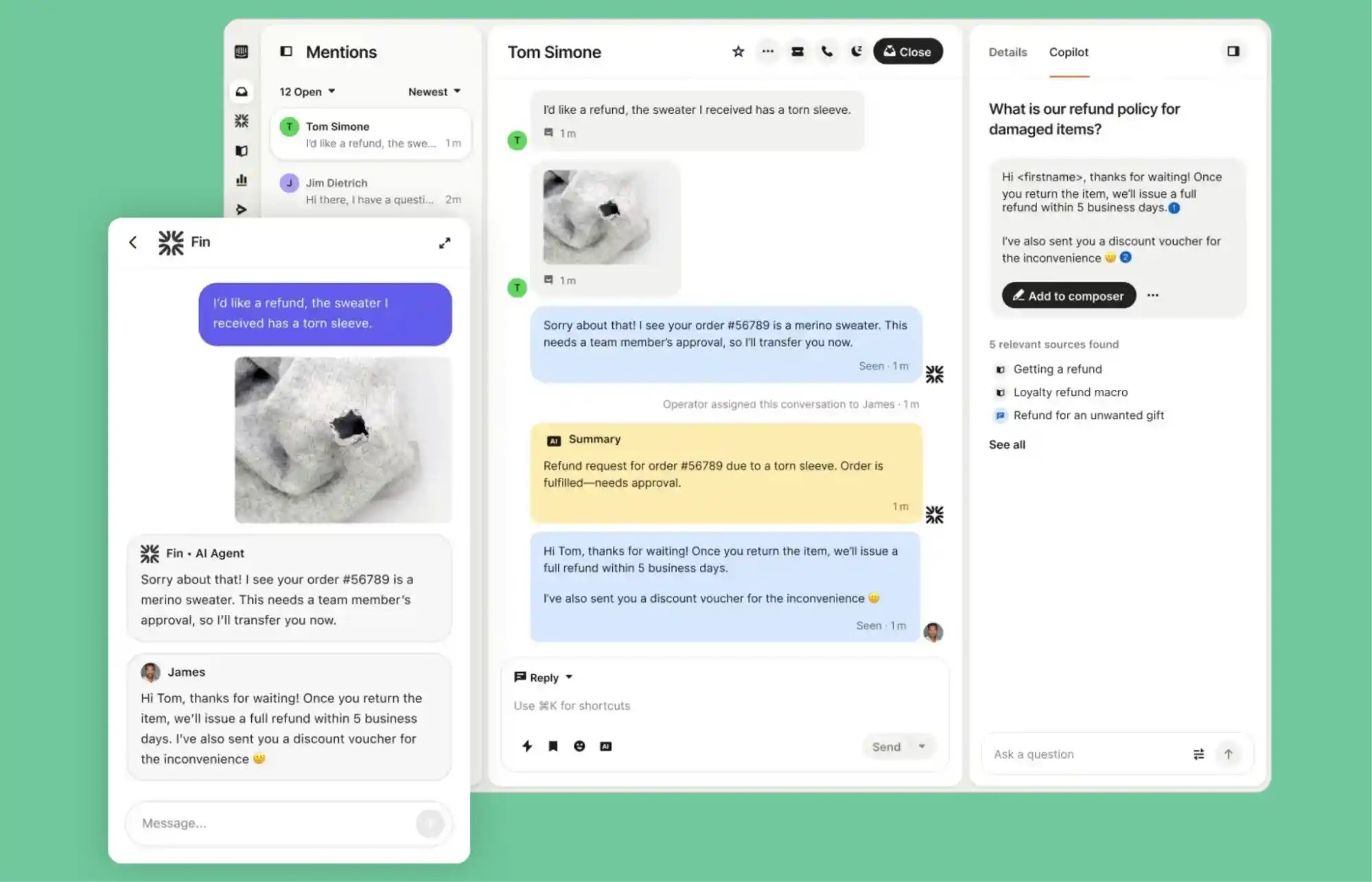 intercom fin ai refund conversation copilot panel