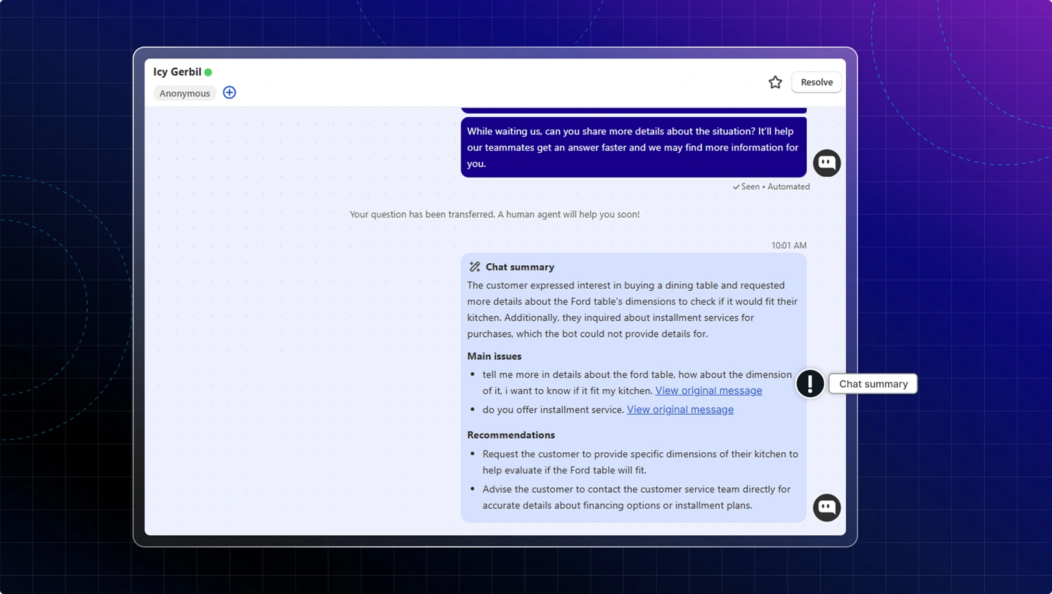 chatty chat summary for human handoff and escalation