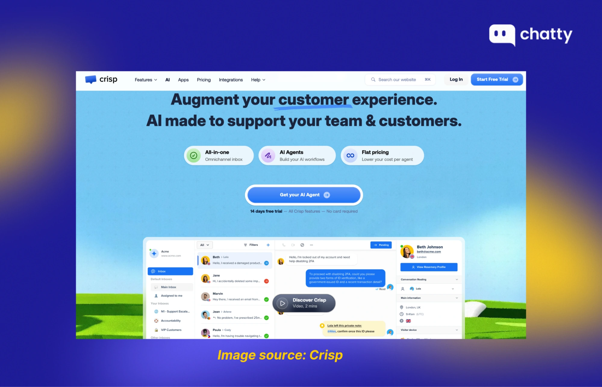 crisp customer messaging dashboard with ai agent promotion