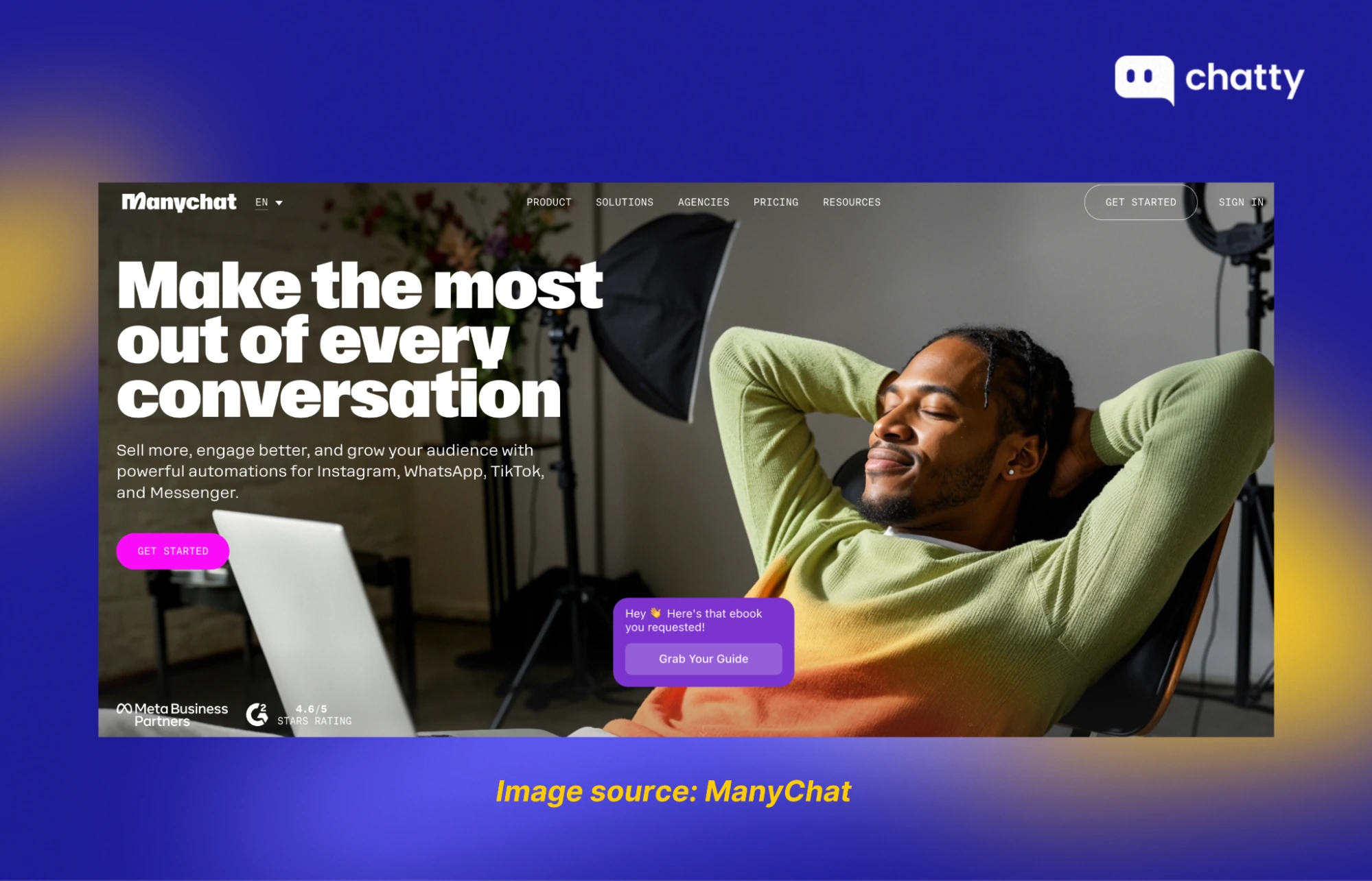 manychat landing page with user and marketing headline