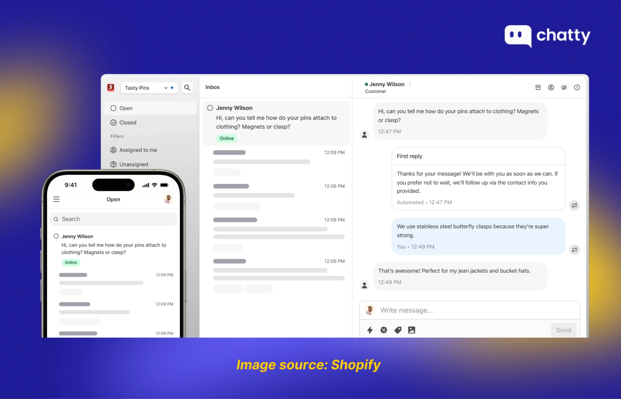 shopify inbox interface with customer chat