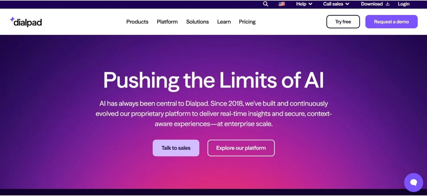 Screenshot of Dialpad AI website with purple and pink gradient background showing headline 