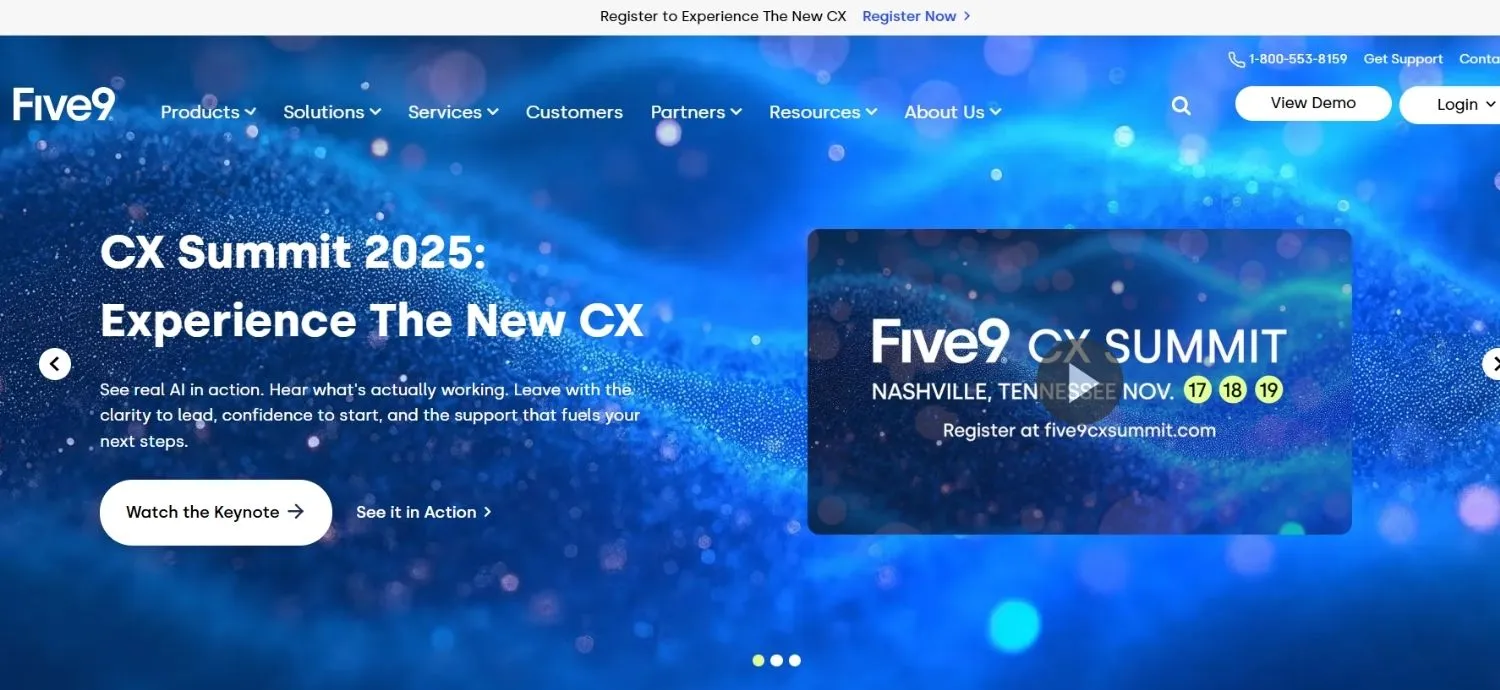 Screenshot of Five9 website homepage featuring CX Summit 2025 event with headline 