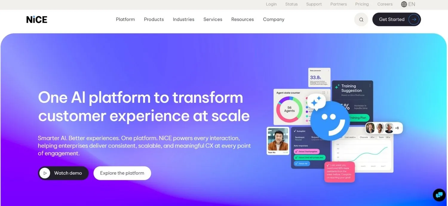 Screenshot of NICE website with purple and blue gradient background showing headline 
