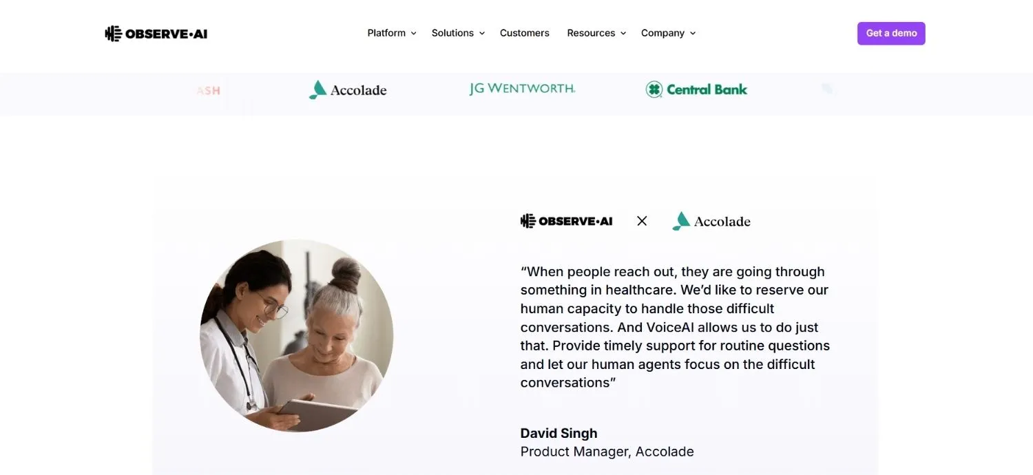 Screenshot of Observe.AI website showing customer logos including Accolade, JG Wentworth, and Central Bank, with a testimonial from David Singh, Product Manager at Accolade about using VoiceAI to handle difficult healthcare conversations