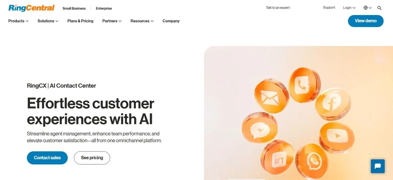 Screenshot of RingCentral RingCX AI Contact Center website featuring headline 