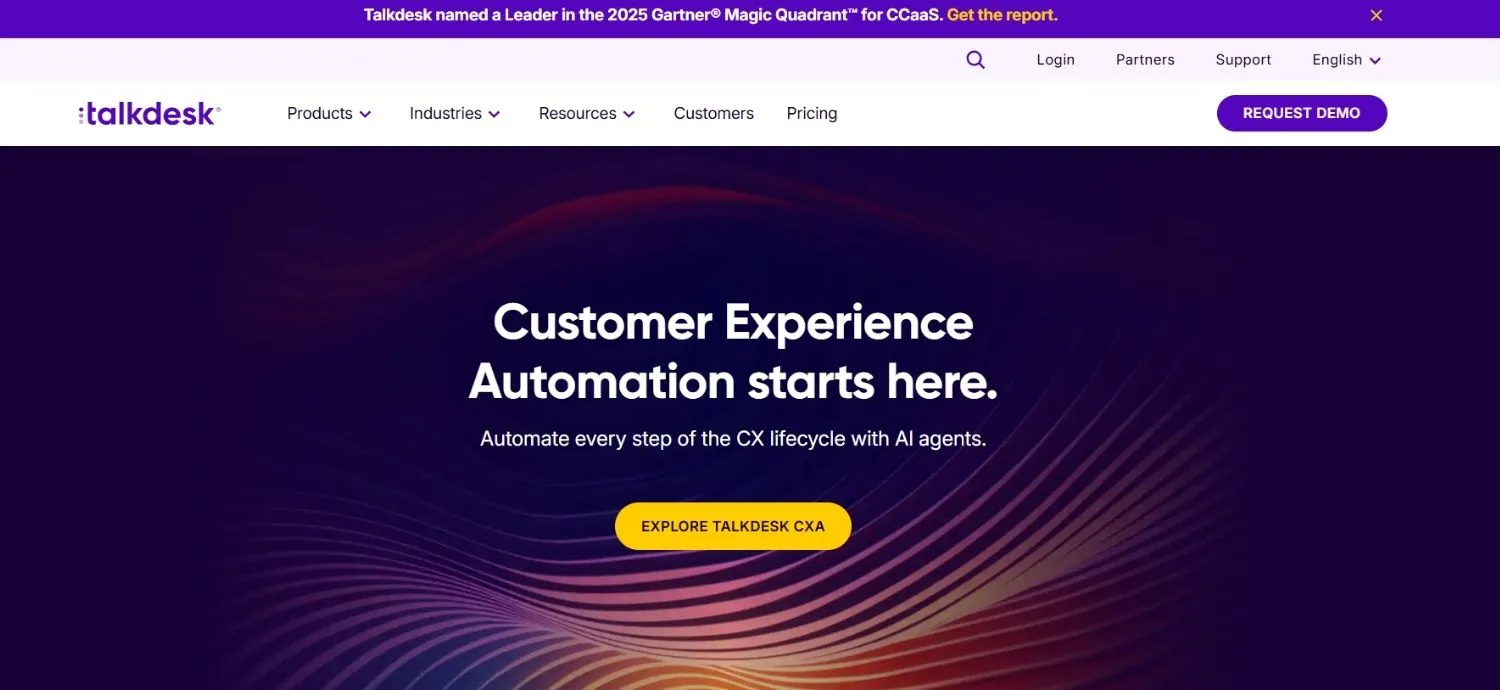 Screenshot of Talkdesk website with purple gradient background showing headline 