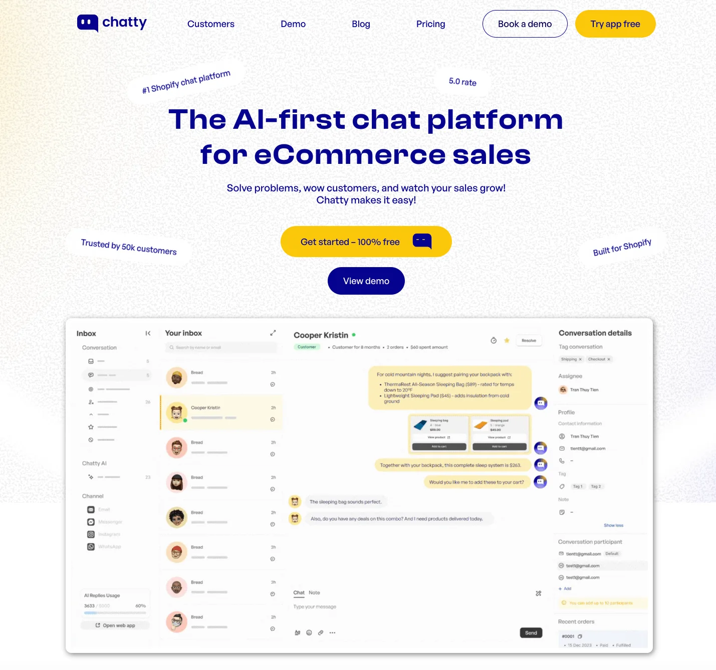 Chatty AI-first chat platform for eCommerce sales showing unified inbox with customer conversations, order details, and AI-powered product recommendations to solve problems, wow customers, and watch sales grow.