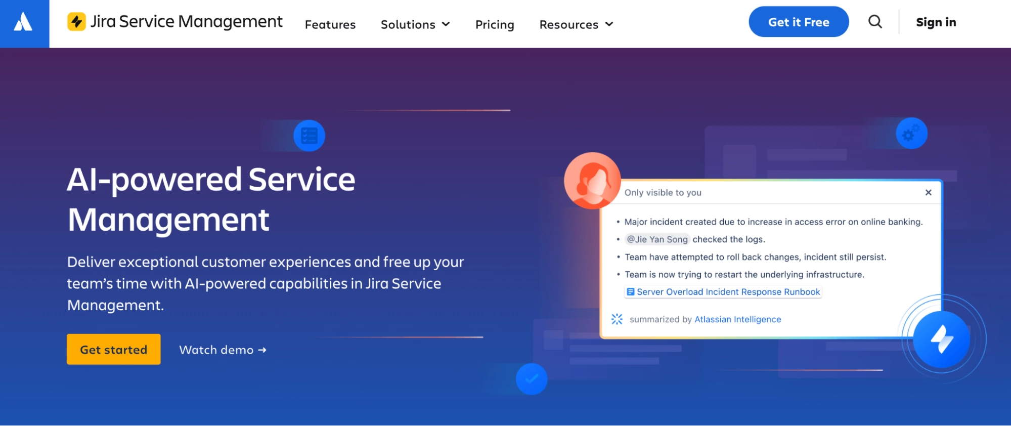 Jira Service Management AI-powered service management showing automated incident response with major incident alerts, team collaboration, AI-generated status updates, and resolution steps for faster customer experiences.