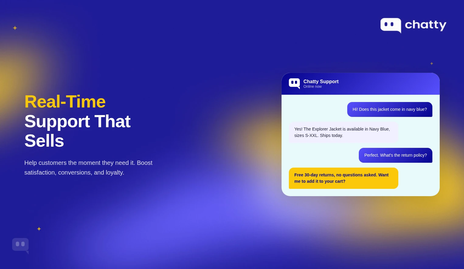 Real-time support chat with instant product and returns answers