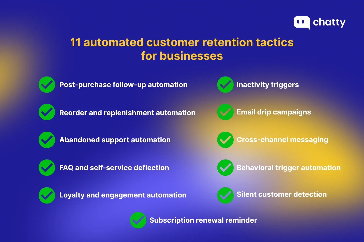 11 automated customer retention tactics for businesses listing post purchase follow up automation, reorder automation, abandoned support automation, FAQ deflection, loyalty automation, inactivity triggers, email drip campaigns, cross channel messaging, behavioral trigger automation, silent customer detection, and subscription renewal reminders